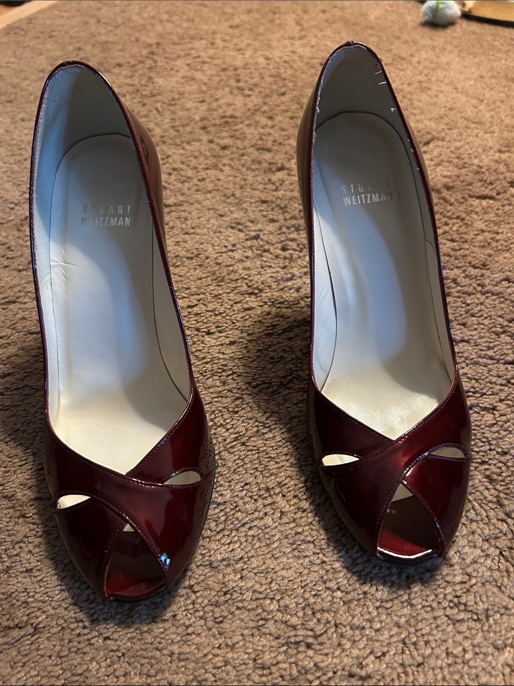 Stuart Weitzman Burgundy Patent Leather Peep-Toe Heels